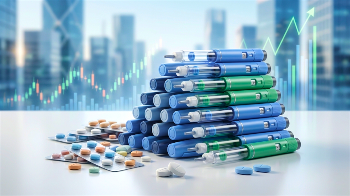 GLP-1 injection pens and tablets on a desk with rising market chart, highlighting obesity drug demand and pharma stocks.