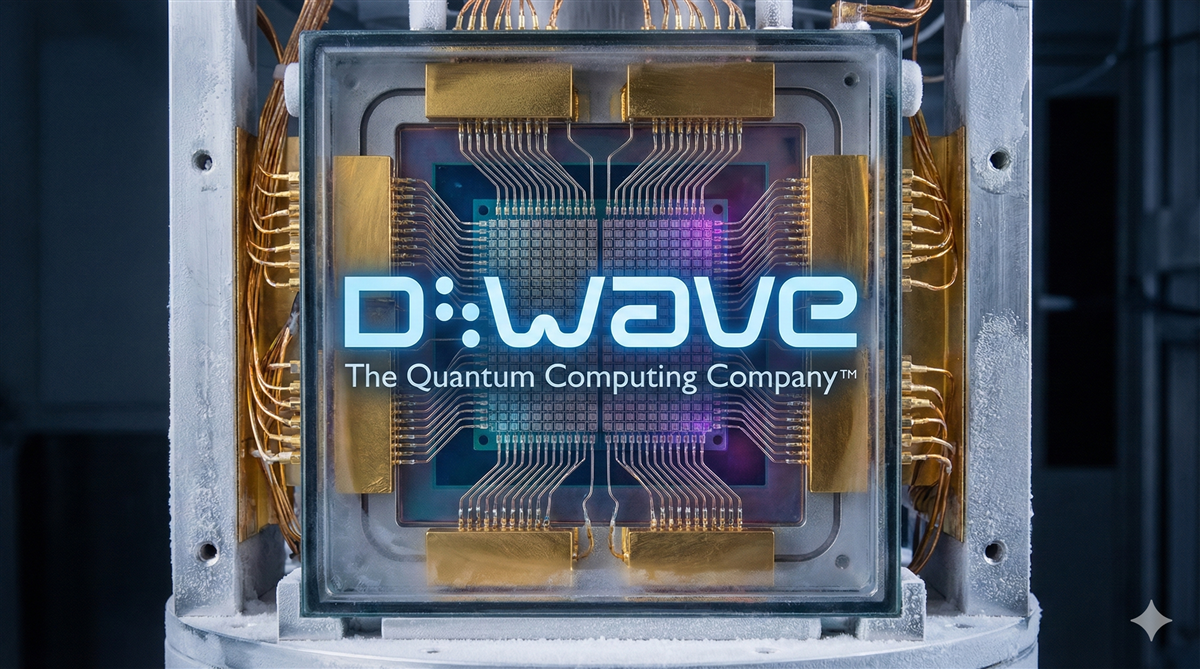 D-Wave logo overlaying a quantum computing chip.