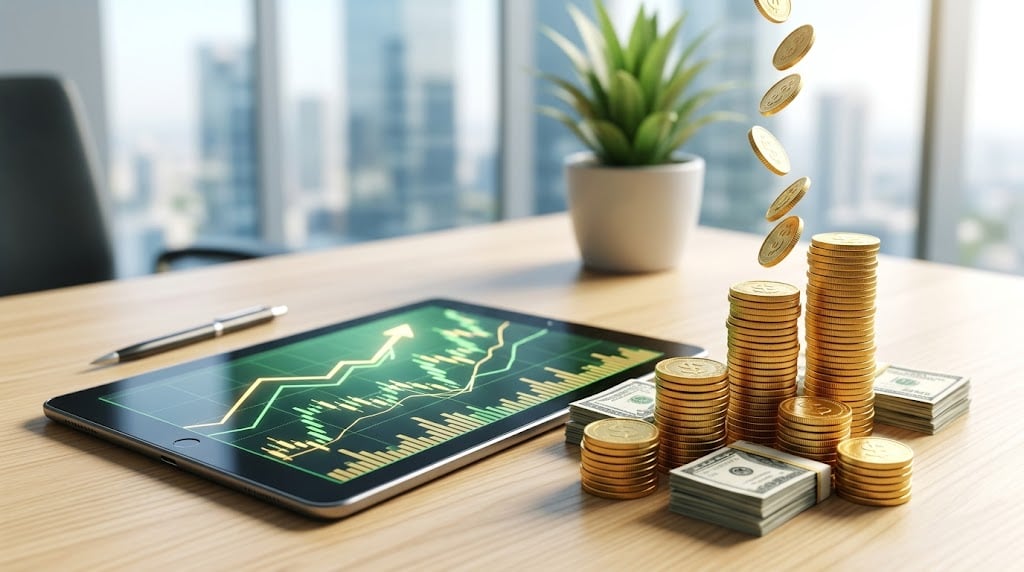 A tablet displaying an upward trending financial chart next to growing stacks of gold coins and bundled cash, representing dividend income.