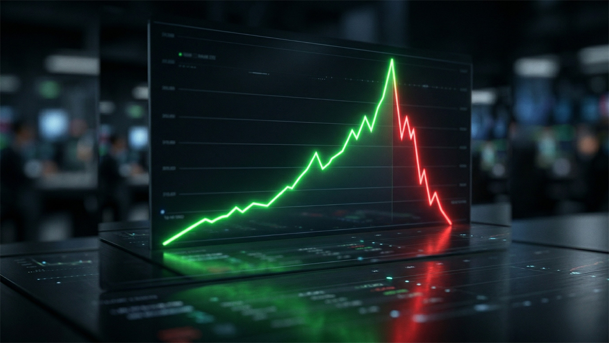 Glowing stock chart surging in green before a sharp red plunge, illustrating leveraged ETF risk and sudden losses.