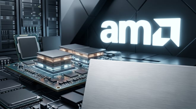 The AMD logo is displayed behind a rendered circuit board with stacked semiconductor chips.
