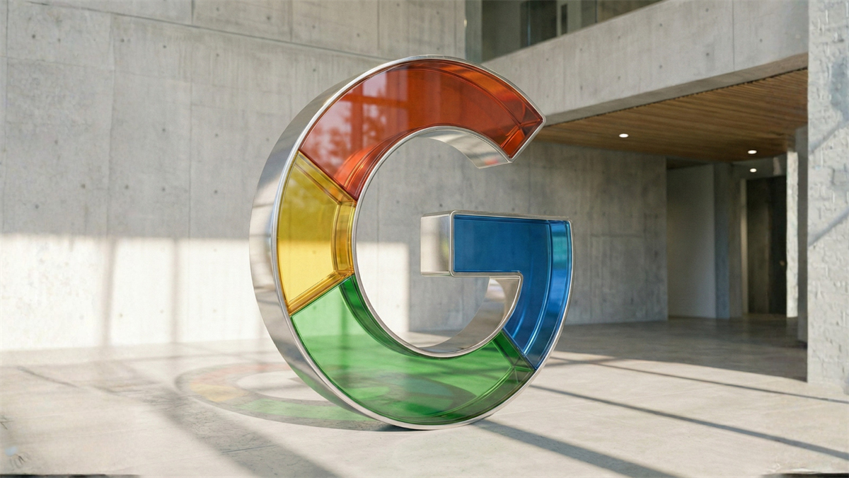 Photorealistic 3D Google “G” logo in polished glass/metal with signature colors, centered in a sleek minimalist office lobby with soft lighting and a blurred, empty background.