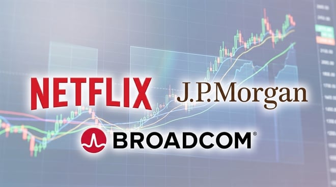 Logos for Netflix, J.P. Morgan, and Broadcom displayed over a stock price chart background.
