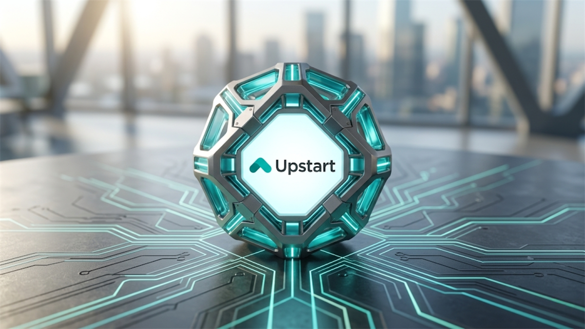 Upstart logo on futuristic AI-style emblem over circuit-pattern surface.