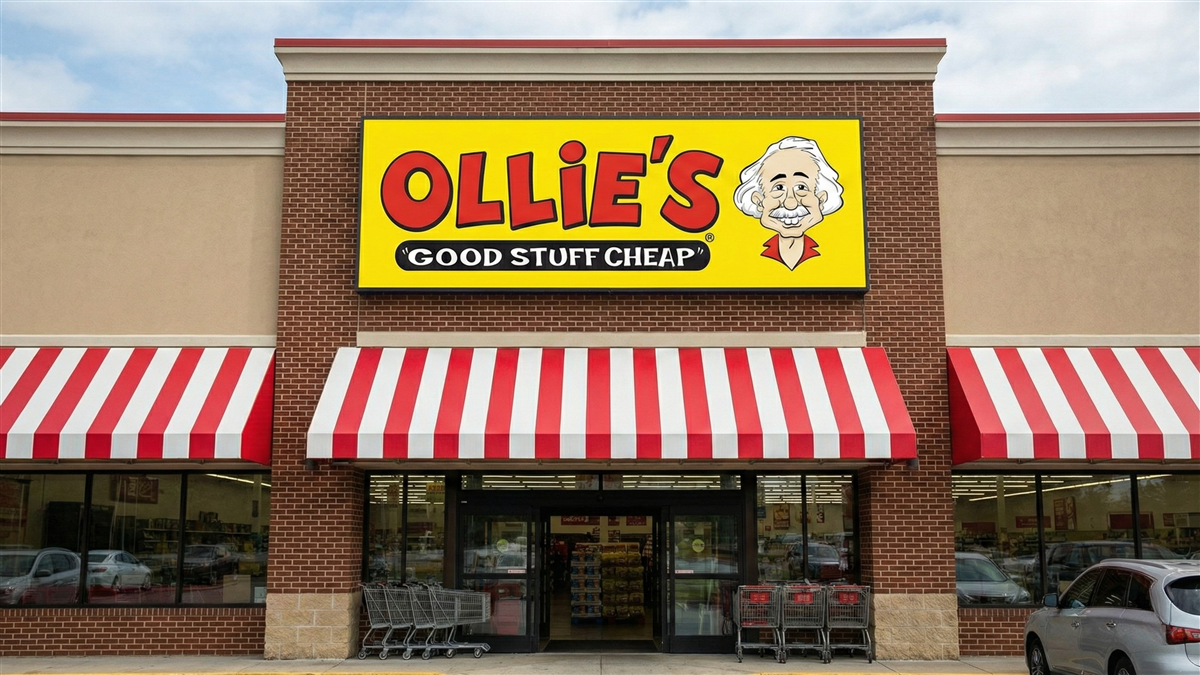 Ollie’s storefront with its bright yellow sign and red-striped awnings highlights the brand’s value-focused retail appeal.