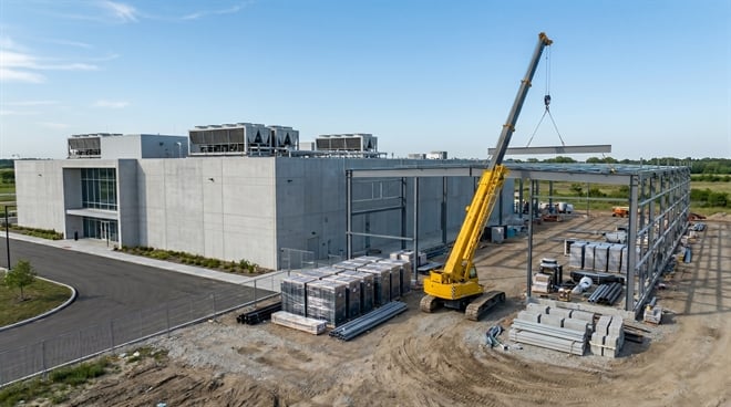 Aerial view of a data center facility under construction with a yellow crane and steel framework.