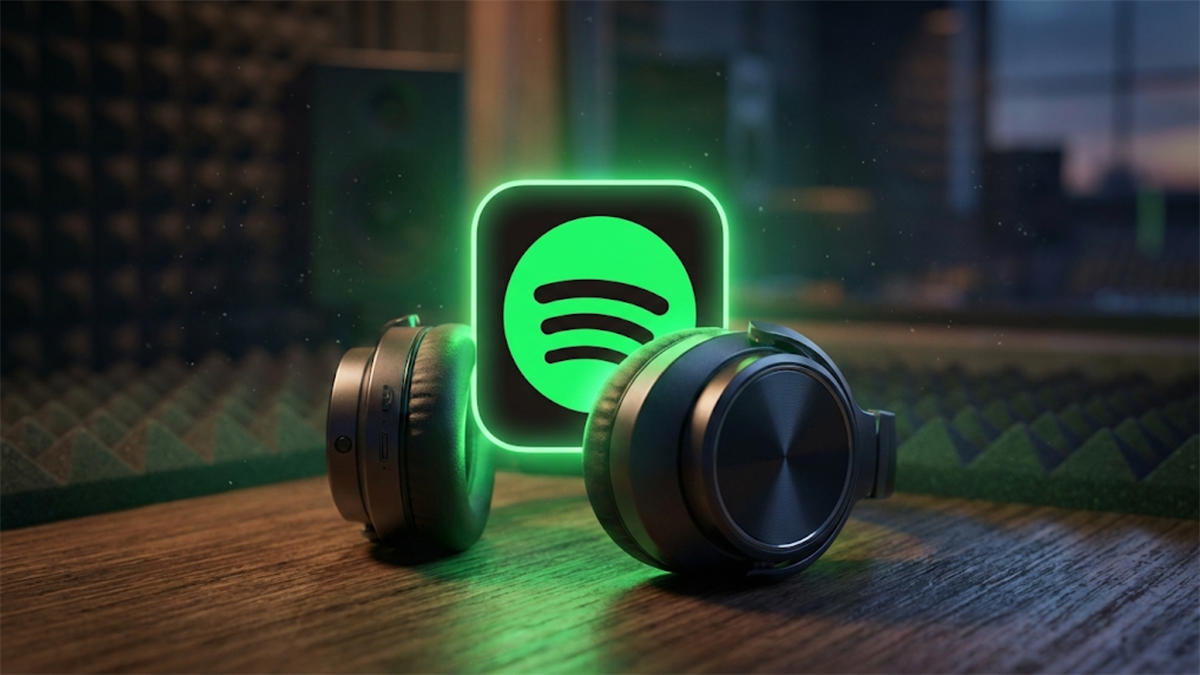 Spotify logo glowing beside headphones on a desk, highlighting streaming music demand and SPOT stock outlook.