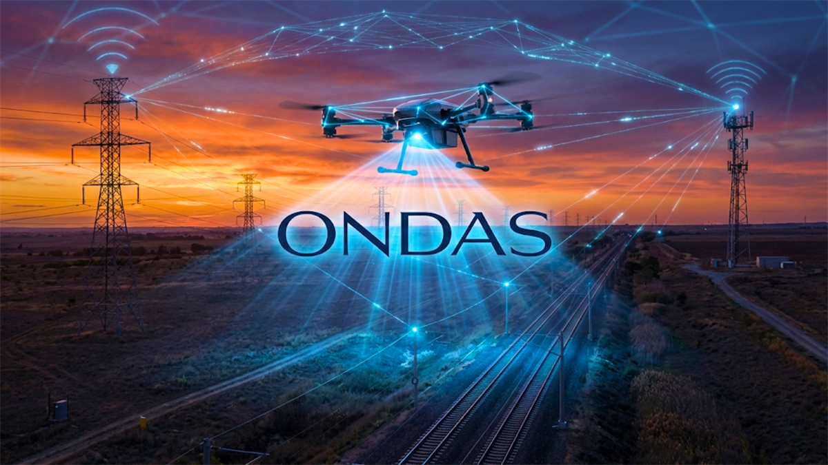 Ondas drone flying over rail and power lines at sunset, highlighting wireless infrastructure and ONDS stock focus.