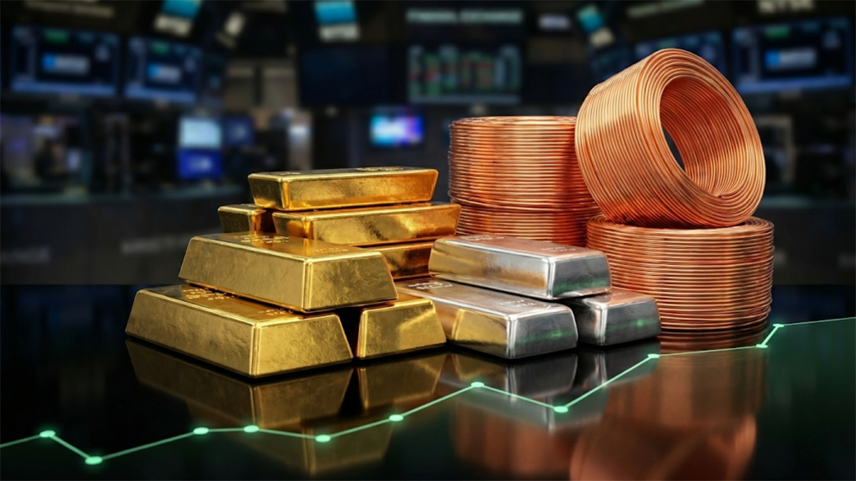 Gold, silver, and copper sit on a trading floor backdrop, reflecting rising demand across key precious-metal markets.