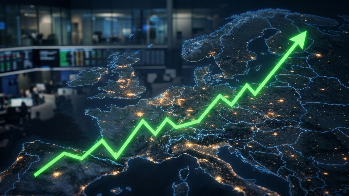 Glowing nighttime map of Europe with a rising green arrow, symbolizing a potential rebound in European equities amid market volatility.