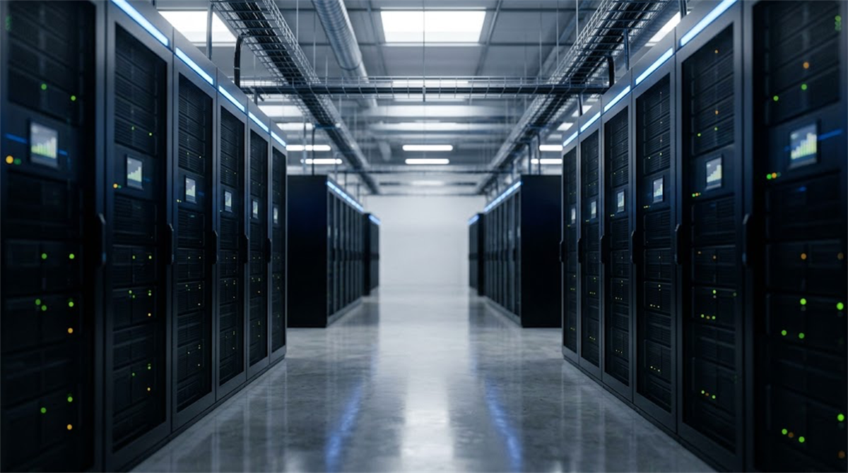 Rows of black server racks with illuminated status lights line a data center aisle.