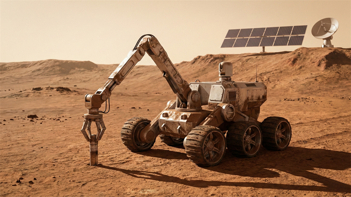 Autonomous rover with robotic arm on a dusty desert-like terrain, symbolizing frontier robotics in harsh environments.