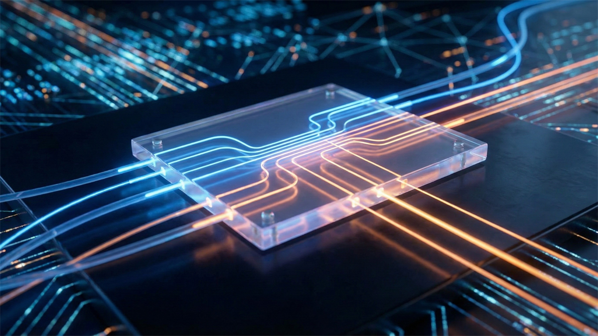 Glowing blue and orange light paths run through a photonics chip, symbolizing ultrafast AI data transmission.