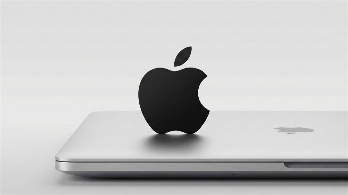 A sleek silver Apple laptop sits closed on a clean surface, with Apple logo floating above it.