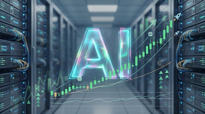 Glowing "AI" letters overlay a rising candlestick stock chart inside a data center.