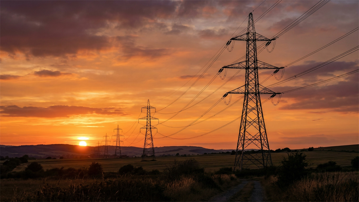 High-voltage transmission lines at sunset symbolize rising electricity demand powering AI data center growth.