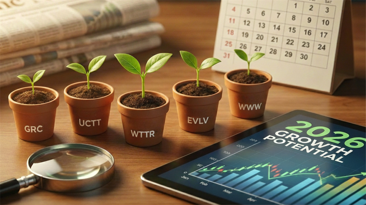 Seedlings labeled GRC, UCTT, WTTR, EVLV and WWW sit beside a 2026 calendar and growth chart, symbolizing small-cap upside.