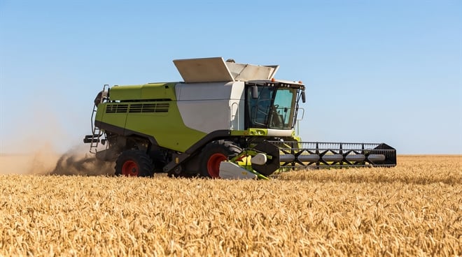A green and white combine harvester operates in a golden wheat field under a clear blue sky.