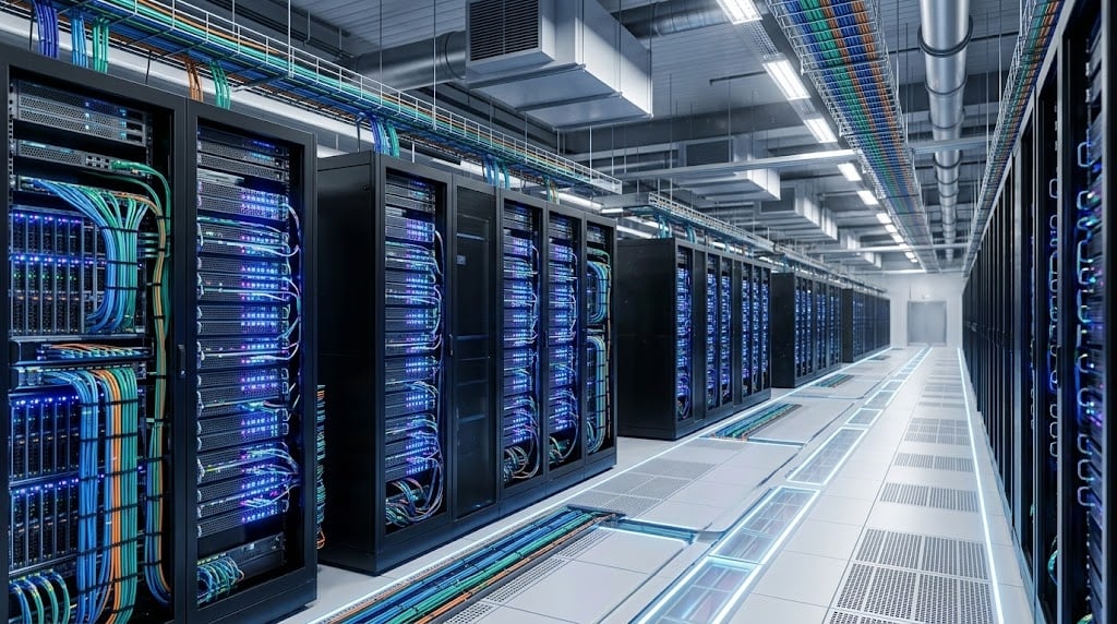 Rows of server racks with multicolored cables fill a large commercial data center facility.