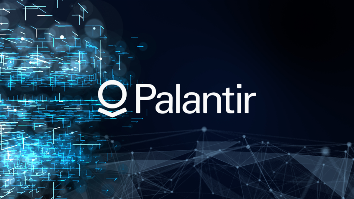 Palantir Technologies logo displayed against a dark blue background with abstract data network graphics.