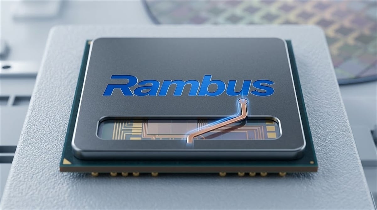 Rambus logo displayed on a stylized semiconductor chip with visible circuitry and a silicon wafer in the background.