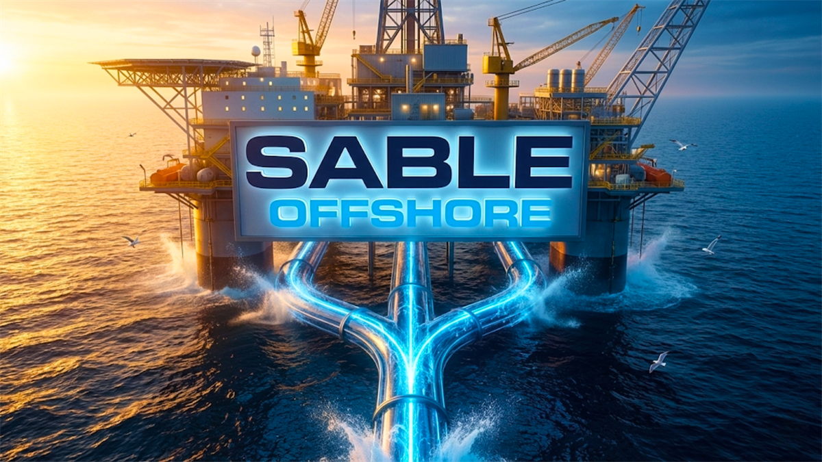 Sable Offshore logo on offshore oil platform with subsea pipelines highlights oil sector investment.