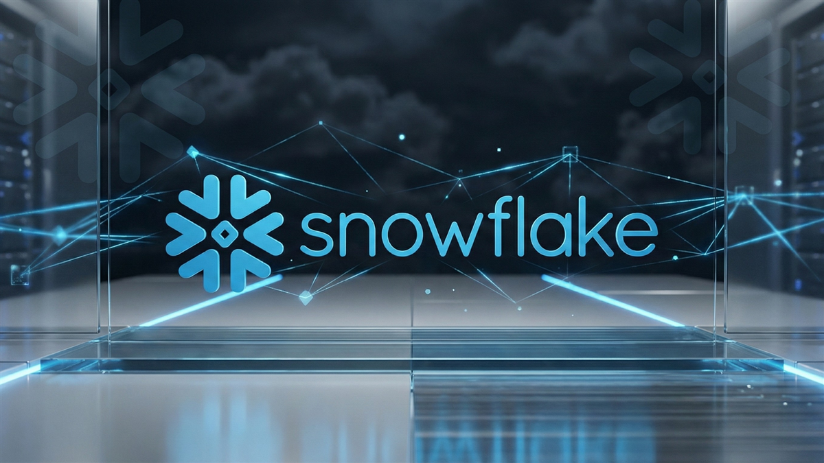 Snowflake Inc. logo centered on a sleek, dark blue digital background with illuminated network connections, symbolizing cloud data technology.