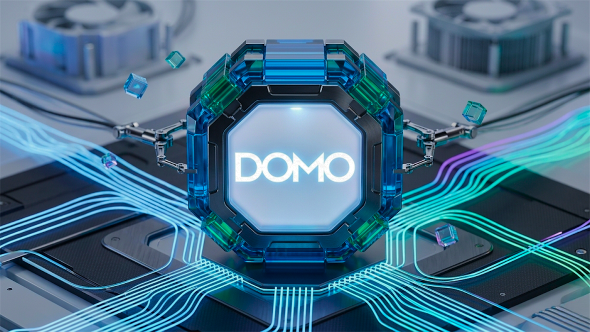 DOMO logo on a glowing data-core graphic with streaming lines.