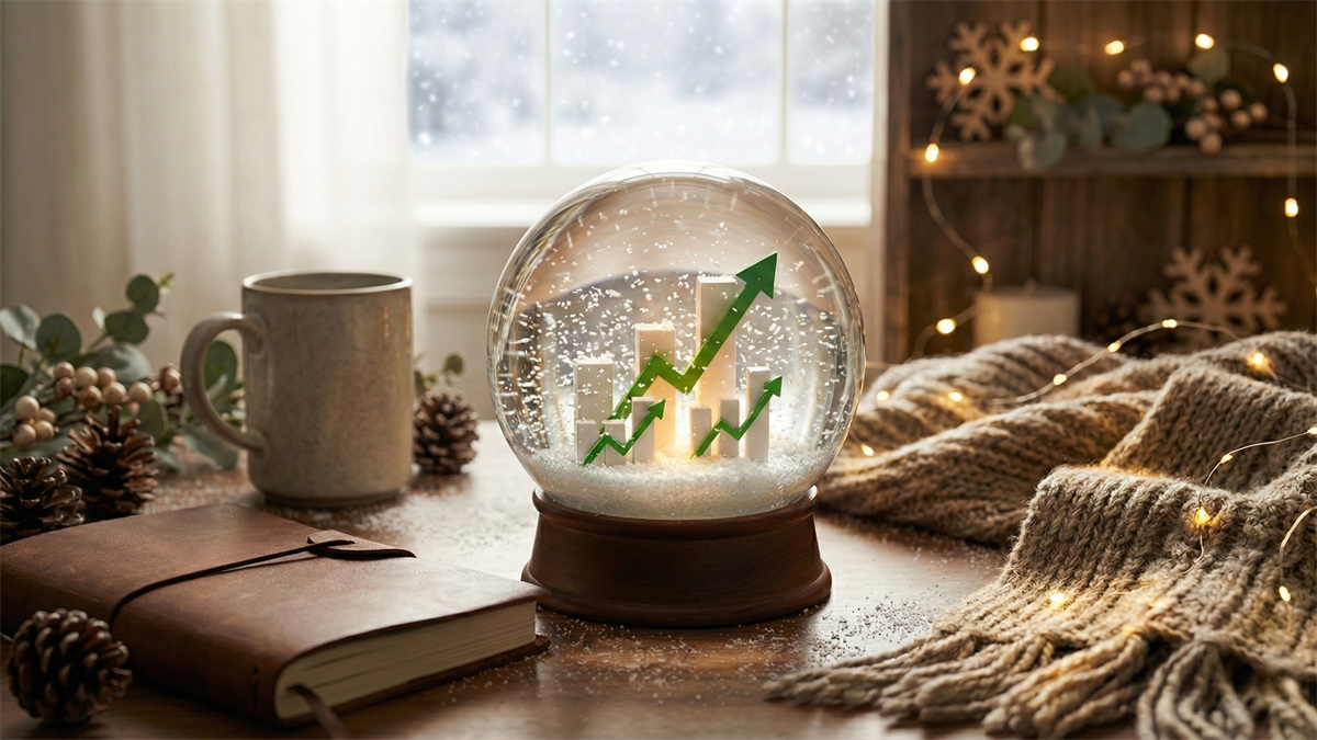 A cozy winter scene with a snow globe displaying rising stock chart arrows, surrounded by warm décor.