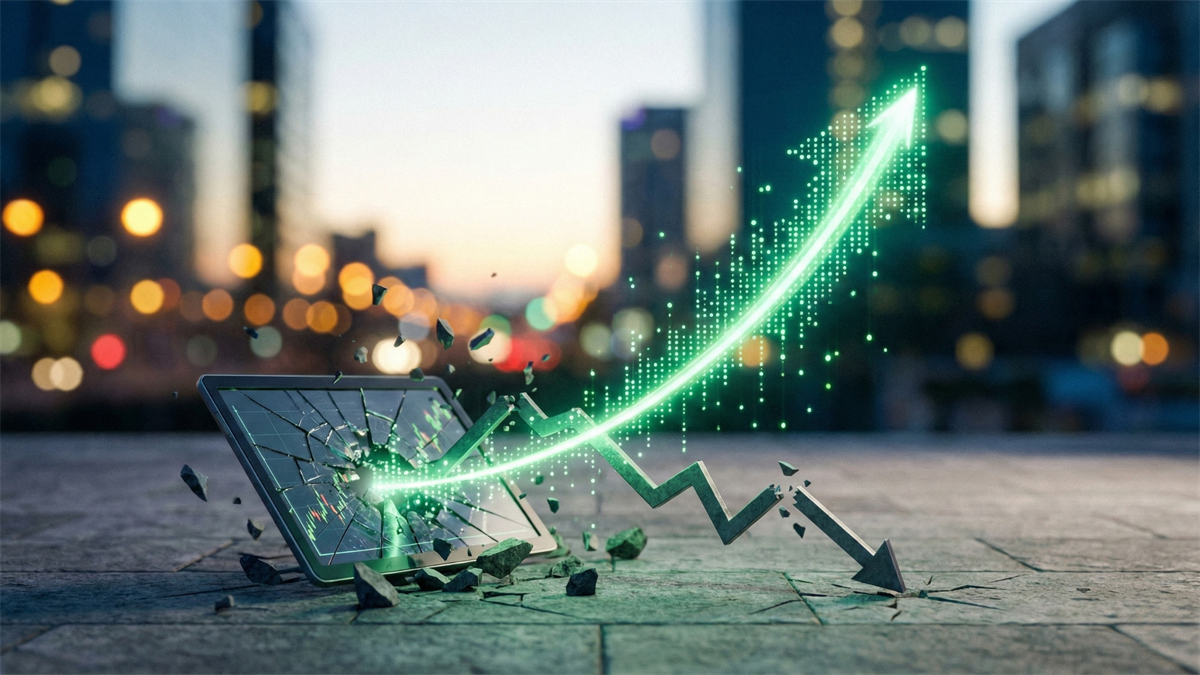 Glowing upward stock arrow breaking through a falling chart on a tablet, symbolizing energy sector gains amid market decline.