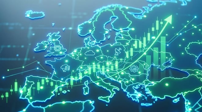 Illustrated map of Europe overlaid with green candlestick charts, technology icons, and an upward-trending arrow.