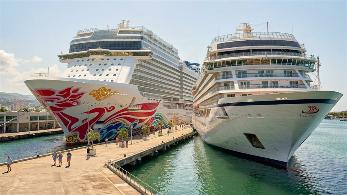 Norwegian and Viking cruise ships docked at port. 