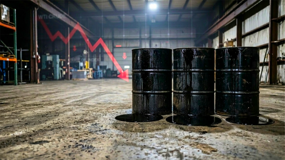 Oil barrels leaking in warehouse with downward price chart overlay.