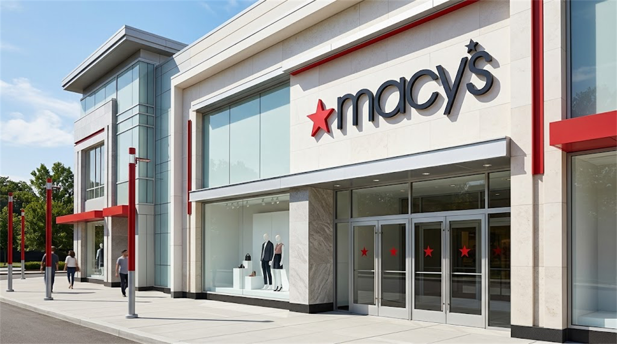 Exterior of a Macy's retail store with branded signage, display windows, and pedestrians on the sidewalk.