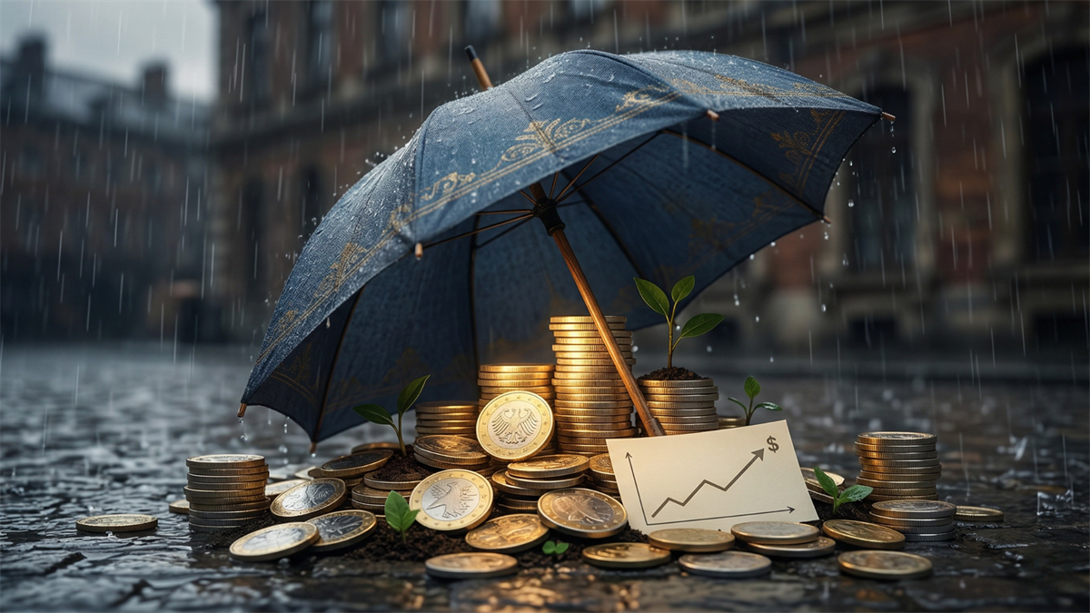 Umbrella shielding stacked coins and seedlings in rain, symbolizing defensive dividend stocks and stable income investing.