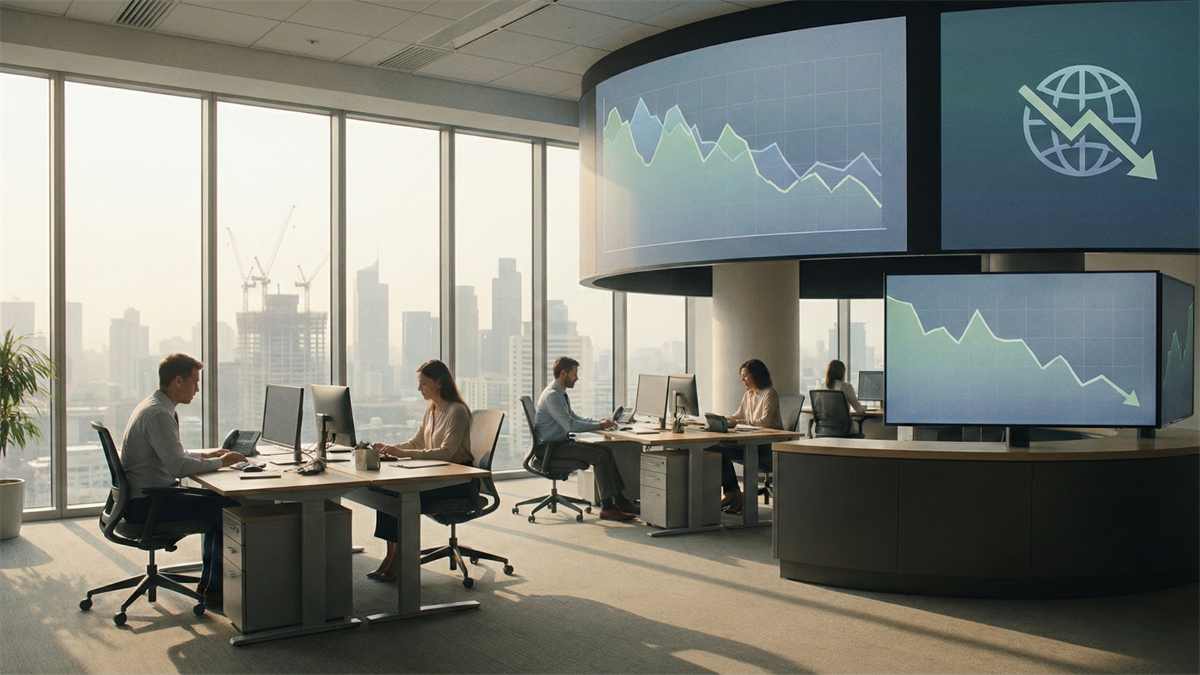 Modern office with analysts working as large screens display falling market charts that signal sector rotation.