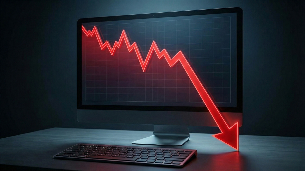 Computer monitor with a red plunging chart arrow on a desk, symbolizing software stocks selloff amid AI fears.