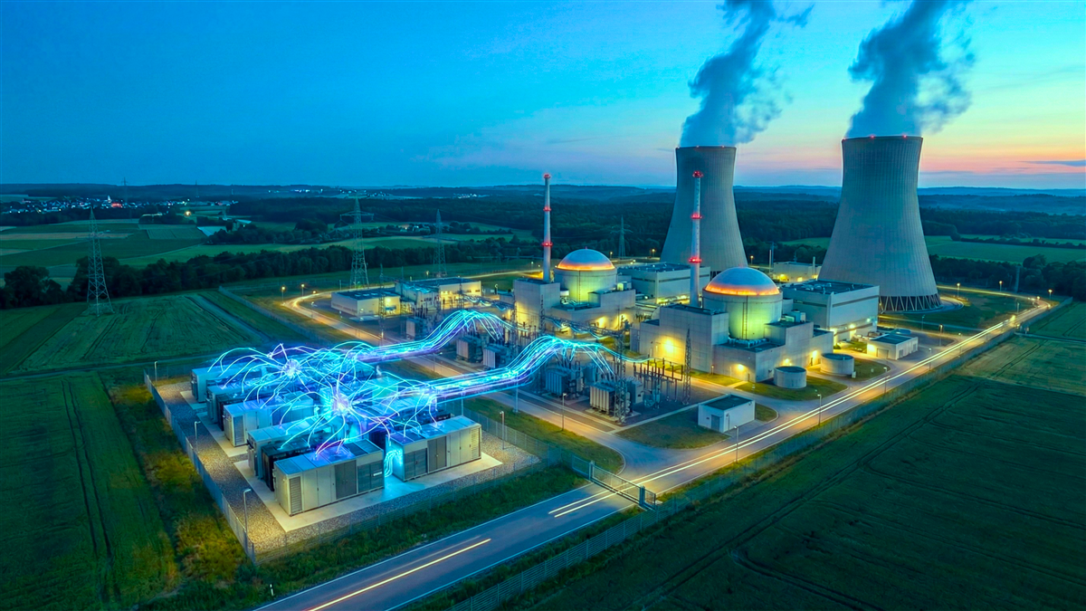 Glowing AI neural network connecting to a futuristic nuclear plant.