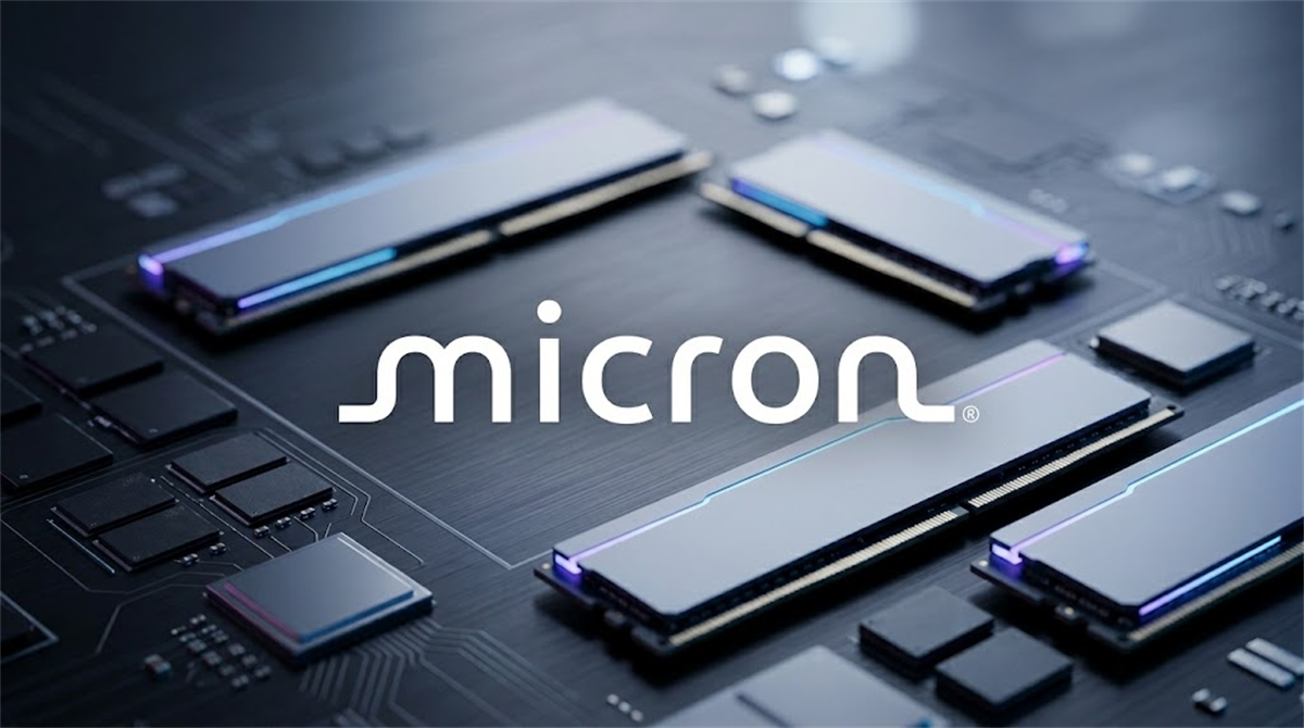 Micron Technology logo overlaid on a stylized rendering of memory modules and semiconductor components.