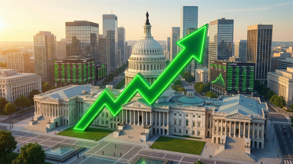 U.S. Capitol with a green upward arrow highlights White House-backed deals boosting rare earth, chip and nuclear stocks.
