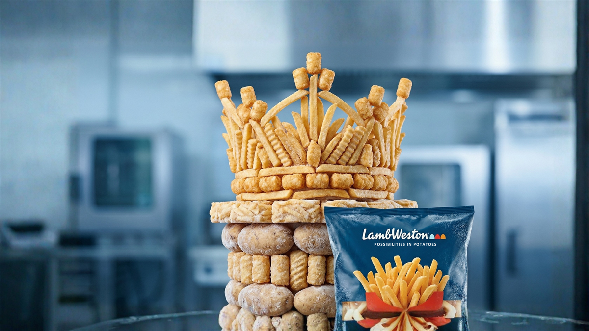 Crown made of frozen French fries beside Lamb Weston product bag, highlighting demand outlook and potential stock upside despite margin pressure.