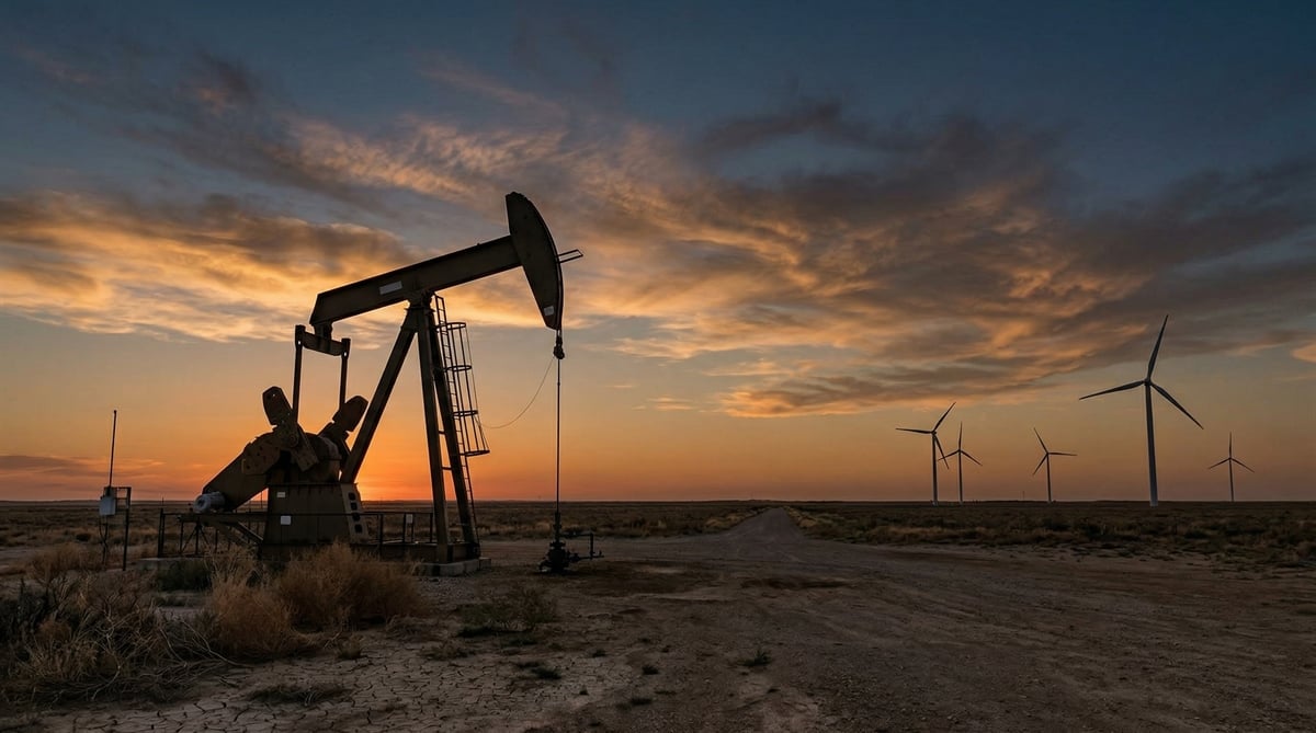 An oil pump jack and multiple wind turbines are silhouetted against a dramatic sunset sky in a flat, rural landscape, with a dirt road leading into the distance.