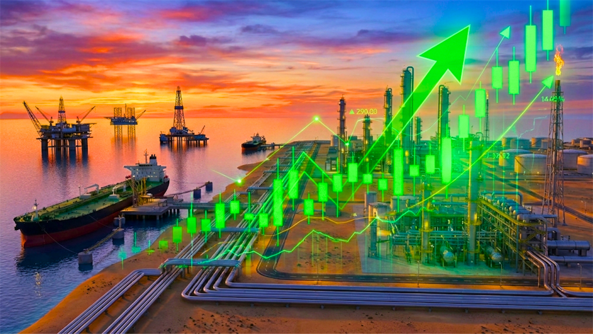 Rising price chart overlays oil rigs and a refinery, highlighting strong momentum in energy stocks.