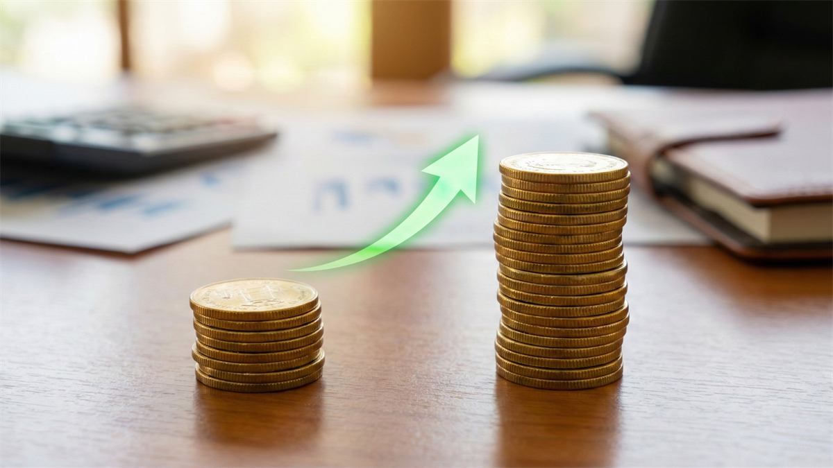 Stacked coins increasing in height with upward arrow, symbolizing dividend growth and rising investor returns.