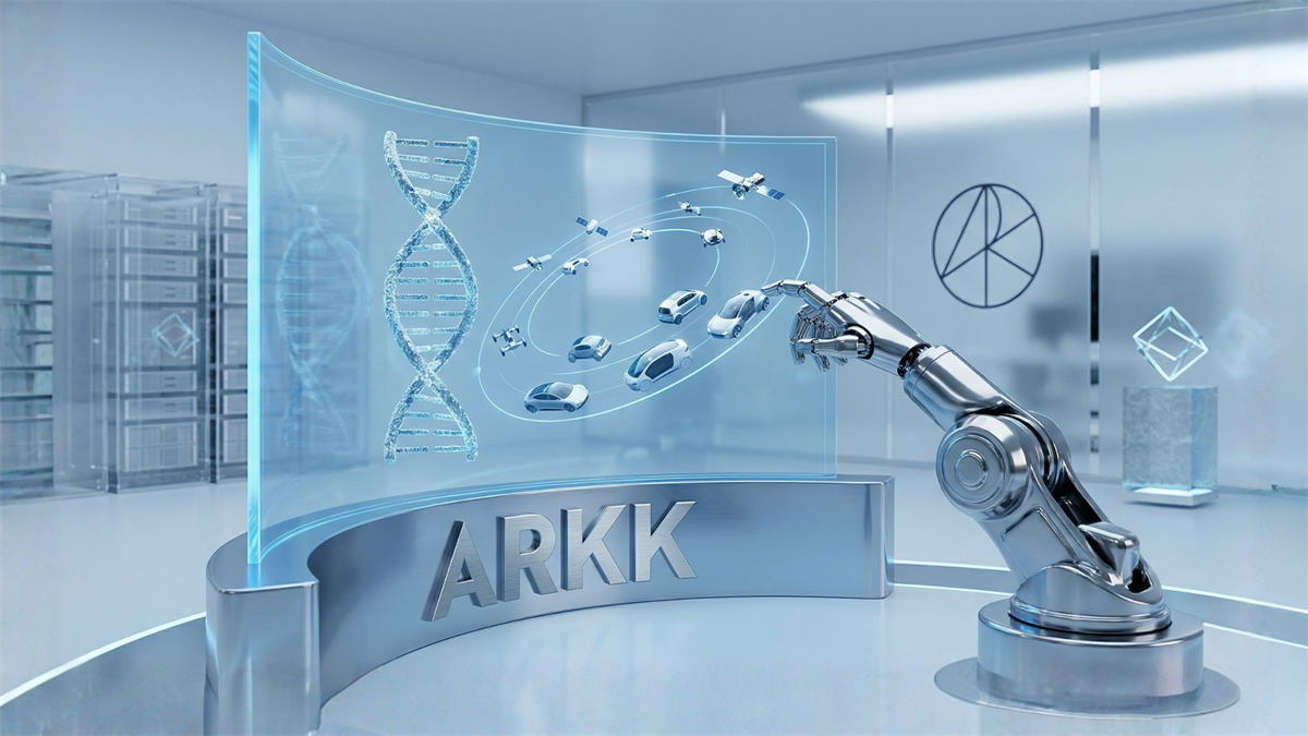 ARKK futuristic display with robotics, DNA and autonomous vehicles reflects Tesla-led innovation ETF themes.