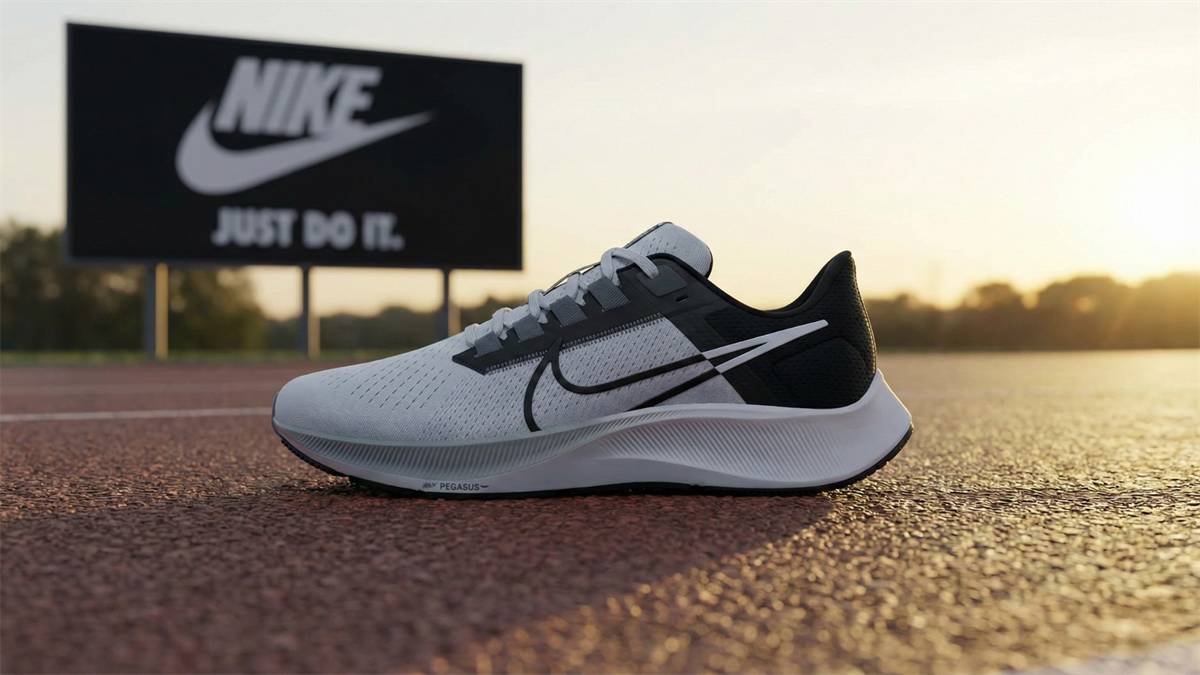 Nike running shoe on a track at sunrise with visible swoosh branding, symbolizing confidence in the athletic apparel stock after insider buying.