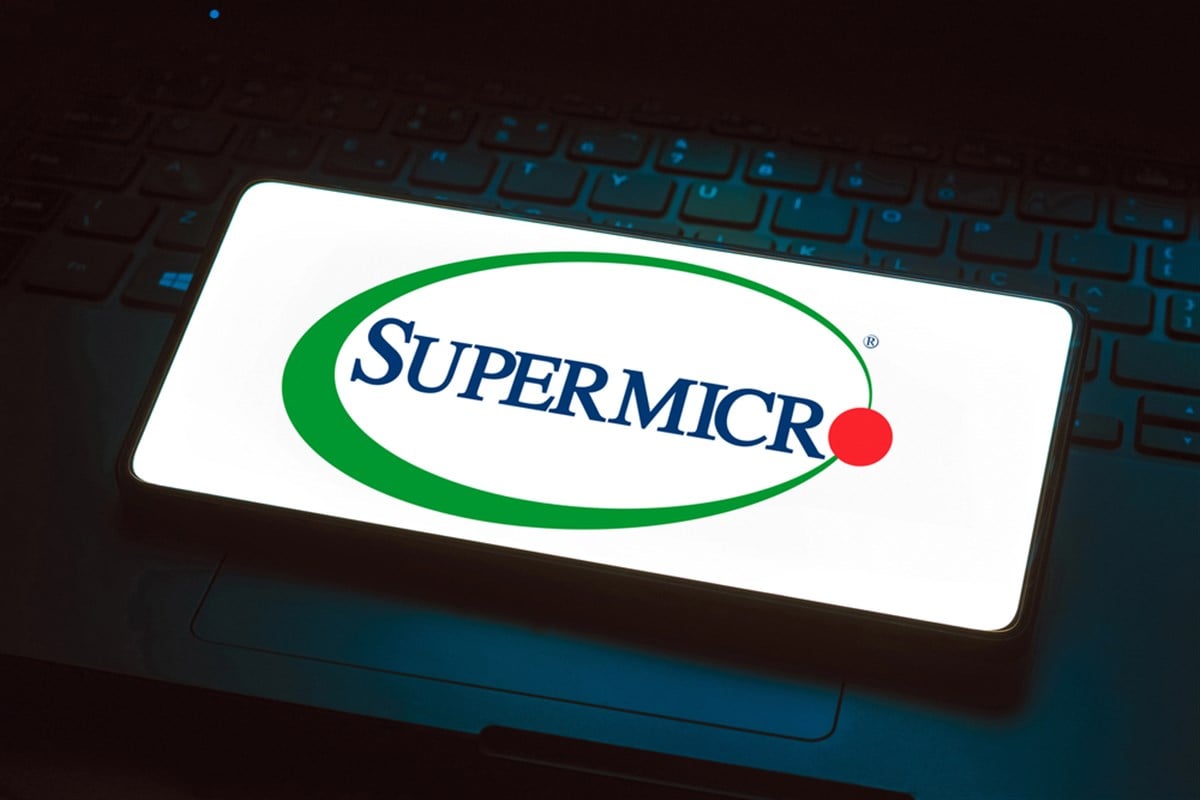 Super Micro Computer, Inc. logo is displayed on a smartphone screen