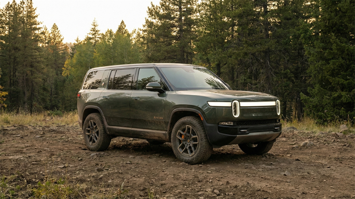 Rivian electric SUV on a rugged dirt trail in a pine forest at sunset, highlighting EV brand and growth outlook.