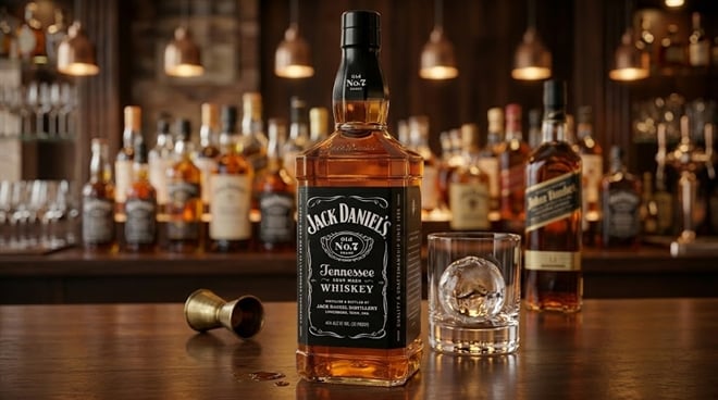 A bottle of Jack Daniel's Old No. 7 Tennessee Whiskey on a bar counter beside a rocks glass.