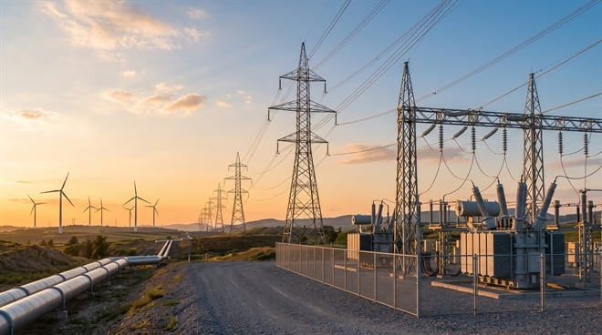 An electrical substation and transmission towers stand near wind turbines at sunset.